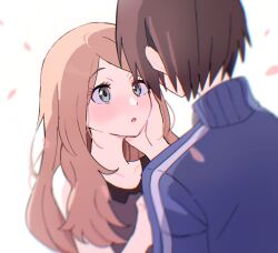  1boy 1girl :o blue_jacket blurry brown_hair calem_(pokemon) collared_shirt commentary_request eyelashes falling_petals grey_eyes hand_on_another's_cheek hand_on_another's_face hand_up hetero highres jacket kuru_(4rfw7) long_hair petals pokemon pokemon_x_and_y serena_(pokemon) shirt short_hair sleeveless sleeveless_shirt white_background 