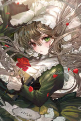  1girl blush bonnet brown_hair bug butterfly commentary_request dress flower frilled_dress frilled_sleeves frills heterochromia holding holding_flower komorihikki lolita_fashion long_hair open_mouth red_flower red_rose rose rozen_maiden suiseiseki white_butterfly 