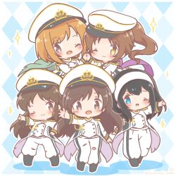  5girls ;) aiba_yumi argyle_background black_boots black_hair blue_eyes blush boots brown_eyes brown_hair chibi closed_mouth colored_shadow commentary_request hairband hat highres idolmaster idolmaster_cinderella_girls jacket long_sleeves mitarashi_neko multiple_girls nitta_minami one_eye_closed orange_hair pants peaked_cap ponytail sagisawa_fumika seizon_honnou_valkyria_(idolmaster) shadow smile sparkle tachibana_arisu takamori_aiko torn_clothes torn_pants white_hairband white_hat white_jacket white_pants 