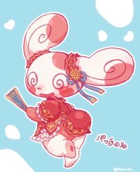  @_@ artist_name blue_background blue_ribbon chinese_clothes commentary_request dress hand_fan heart_cheeks holding holding_fan no_humans pokemon pokemon_(creature) pyon_ko red_dress ribbon simple_background spinda 
