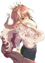  1boy absurdres androgynous animification bishounen black_pants braid braided_ponytail brown_eyes cape chinese_commentary collared_shirt commentary_request crown fur-trimmed_cape fur_trim hair_between_eyes highres humanization long_hair long_sleeves looking_at_viewer male_focus minecraft_youtube momashiwoshangtou pants perspective pink_hair pointed_crown pointy_ears red_cape shirt simple_background sketch slit_pupils solo technoblade unworn_cape variant_set white_background white_shirt 