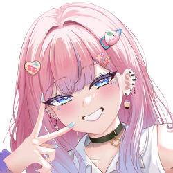  1girl black_choker blue_eyes blue_nails blush choker collarbone collared_shirt ear_piercing facial_mark fingernails gyaru gyaru_v hair_intakes hair_ornament hairclip head_tilt heart heart_choker heart_hair_ornament highres hono_honmono jewelry long_hair looking_at_viewer nail_polish original piercing pink_hair purple_scrunchie scrunchie shirt simple_background sleeveless sleeveless_shirt smile solo star_(symbol) star_facial_mark v white_background white_shirt wrist_scrunchie 
