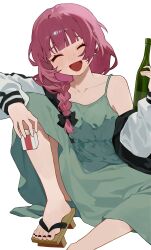  1girl absurdres alcohol blunt_bangs blush blush_stickers bocchi_the_rock! bottle braid cigarette_pack closed_eyes collarbone colored_eyebrows dress drunk geta green_dress hair_ribbon haru_(ririne9999rine) highres hiroi_kikuri holding holding_bottle jacket multicolored_jacket nail_polish open_clothes open_jacket red_hair ribbon ribbon_braid single_braid sitting smile solo toenail_polish toenails two-tone_jacket white_background 
