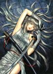  1girl absurdres armpits bare_shoulders china_dress chinese_clothes dress gloves highres katana long_hair lying on_back realistic side_slit silver_eyes silver_hair solo sword weapon yuki_hayabusa 