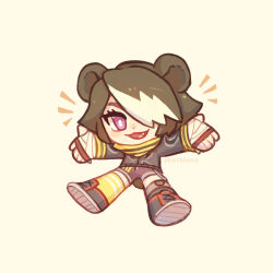  1girl animal_ears arknights bear_ears bear_tail beehunter_(arknights) black_jacket black_shoes bright_pupils brown_hair commentary eyelashes fang full_body hair_over_one_eye highres jacket one-hour_drawing_challenge open_mouth sharktuna shoes short_hair shorts socks solo tail violet_eyes white_pupils yellow_socks 