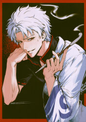  1boy absurdres black_background black_shirt body_switch border commentary elbow_rest gintama hadanugi_dousa hand_on_own_cheek hand_on_own_face head_rest highres hijikata_toushirou holding holding_smoking_pipe japanese_clothes kimono kiseru long_sleeves looking_at_viewer male_focus outside_border parted_lips personality_switch planktos_j popped_collar red_background red_border red_eyes sakata_gintoki shirt short_hair short_sleeves smile smoke smoking_pipe solo sweatdrop untranslatable_commentary upper_body white_hair white_kimono wide_sleeves 