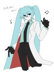  1girl aqua_hair aqua_shirt bespectacled black_eyes black_gloves black_necktie black_pants coat commentary_request cropped_legs doctor english_text glasses gloves hair_between_eyes hand_up hatsune_miku highres lab_coat long_hair long_sleeves musical_note necktie pants pealerprpr shirt simple_background solo translation_request twintails very_long_hair vocaloid white_background white_coat wing_collar 