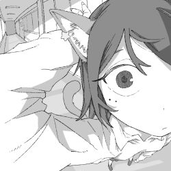  1girl animal_ear_fluff animal_ear_piercing animal_ears cat_ears cat_girl cat_tail collared_shirt commentary expressionless eyelashes foreshortening from_above greyscale hallway highres indoors long_sleeves looking_at_viewer mole mole_on_cheek monochrome nemaki_haru original perspective shirt skirt solo split_crop standing tail untranslatable_commentary 