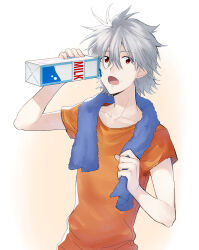  11kkr 1boy commentary_request drink_carton grey_hair hair_between_eyes holding holding_drink_carton holding_milk_carton looking_at_viewer male_focus milk_carton nagisa_kaworu neon_genesis_evangelion open_mouth orange_shirt red_eyes shirt short_hair simple_background solo towel towel_around_neck upper_body white_background 