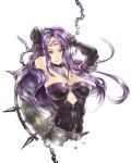  2d 4hands arms_up bare_shoulders breasts broken chain cleavage collar dress elbow_gloves facial_mark fate/stay_night fate_(series) forehead_mark gloves highres long_hair looking_at_viewer pink_eyes purple_hair rider simple_background skin_tight smile solo strap strapless_dress very_long_hair white_background zipper 