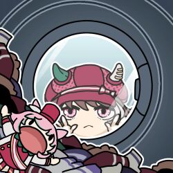  1girl against_glass animal_ears animated animated_gif blush brown_hair closed_mouth ear_covers ears_through_headwear english_commentary hand_puppet hat horse_ears horse_girl laundry marche_lorraine_(racing)_(umamusume) marche_lorraine_(umamusume) mismatched_ear_covers puppet spinning terkmc umamusume washing_machine 