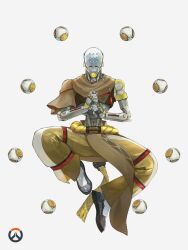  1boy clothed_robot commentary english_commentary floating highres humanoid_robot levitation male_focus meditation monk mudra mushroom_majin official_art omnic orb overwatch overwatch_(logo) own_hands_together pants robot rope_belt solo zenyatta_(overwatch) 