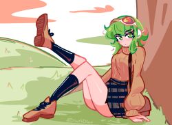  1girl arm_support black_socks blue_skirt blush breasts brown_shoes checkered_clothes checkered_skirt closed_mouth commentary dizzyisdizzy english_commentary full_body goggles goggles_on_head grass green_eyes green_hair gumi highres hill kneehighs knees_up leg_up looking_at_viewer looking_to_the_side medium_breasts medium_hair orange_sweater outdoors red-tinted_eyewear shoes sidelocks sitting skirt sleeves_past_wrists socks solo sweater tinted_eyewear tree vocaloid 