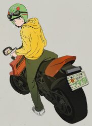  1boy 7a99och ekubo_(mob_psycho_100) helmet highres jacket kageyama_shigeo male_focus mob_psycho_100 motor_vehicle motorcycle motorcycle_helmet on_motorcycle riding solo 