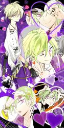  3boys a_(dear_vocalist) adjusting_clothes adjusting_headwear ahoge animal_hood black_gloves black_nails black_sleeves closed_mouth collared_shirt commentary_request dear_vocalist ear_piercing furrowed_brow gloves green_hair grey_eyes grey_hair hair_between_eyes hand_on_own_head hand_up hat heart highres hood jacket jewelry joshua_(dear_vocalist) looking_at_viewer male_focus medium_hair momochi_(dear_vocalist) mullet multiple_boys multiple_views nail_polish necklace official_art one_eye_closed one_eye_covered open_clothes open_jacket panda_hood parted_lips piercing purple_background purple_jacket raised_eyebrow red_hair shirt single_sleeve smile solo_focus suou_(sdurorhr) tsurime v violet_eyes watch watch white_shirt 