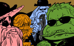  4boys absurdres beard bowl commentary_request curly_eyebrows eating facial_hair fake_beard fake_facial_hair fake_mustache fork franky_(one_piece) hair_over_one_eye hat highres holding holding_bowl holding_fork katsumi_ishizuka looking_back monkey_d._luffy multiple_boys one_piece rice roronoa_zoro sanji_(one_piece) simple_background straw_hat sunglasses twintails v-shaped_eyebrows 