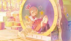  1girl atataka_na_omoide_o_tadotte_(project_sekai) backpack bag black_shoes book colorful_palette dog fingernails full_body game_asset green_eyes grey_hair highres hinomori_shiho instrument_case official_alternate_costume official_art open_book pinecone project_sekai red_socks shoes socks solo star_(symbol) sticker third-party_source turning_page 
