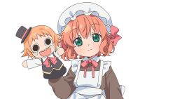  1girl apron bk_(barakoodra) bob_cut green_eyes hand_puppet highres orange_hair original puppet sharp_teeth short_hair smile teeth 