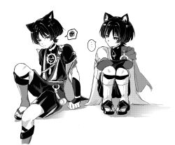  ... 2boys animal_ears arms_at_sides blunt_ends bodysuit cat_boy cat_ears choppy_bangs closed_mouth crossed_arms dual_persona eyeliner fafa_nofa3 fang furisode genshin_impact greyscale highres japanese_clothes jewelry juban kimono knee_up layered_sleeves leg_warmers looking_at_another makeup mandarin_collar mitsudomoe_(shape) monochrome multiple_boys neck_ring o-ring rope sandals sash scaramouche_(genshin_impact) shimenawa short_sleeves shorts side_cape sitting skin_fang spoken_ellipsis spoken_squiggle squatting squiggle toenails toes tomoe_(symbol) tsurime wanderer_(genshin_impact) white_background zouri 