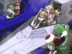  1girl 5boys absurdres animal_ears arwing blonde_hair brown_fur commentary_request crown fox_boy fox_ears fox_mccloud furry furry_male green_hat green_shirt gus_uur hat highres luigi mario multiple_boys princess_peach red_hat red_shirt red_toad_(mario) shirt star_fox super_mario_bros. suspenders the_super_mario_galaxy_movie yoshi 