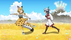  2girls :d animal_ears backpack bag bare_shoulders black_gloves black_hair black_pantyhose blonde_hair blue_sky bow bowtie cat_ears cat_tail closed_eyes clouds day elbow_gloves extra_ears gloves grey_shorts hakasecretgash hat hat_feather helmet high-waist_skirt highres holding_strap kaban_(kemono_friends) kemono_friends multicolored_hair multiple_girls open_mouth orange_bow orange_bowtie outdoors outstretched_arms pantyhose pith_helmet print_bow print_bowtie print_gloves print_skirt print_thighhighs red_shirt running serval_(kemono_friends) shirt shoes short_hair short_sleeves shorts skirt sky sleeveless sleeveless_shirt smile striped_tail t-shirt tail thigh-highs two-tone_bow two-tone_bowtie volcano white_bow white_bowtie white_shirt white_shorts yellow_bow yellow_bowtie yellow_eyes yellow_skirt zettai_ryouiki 