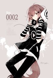  1girl arknights arm_warmers black_arm_warmers black_pants brown_hair brown_tail commentary_request cross cross_necklace crownslayer_(arknights) eyes_visible_through_hair feet_out_of_frame grey_background hair_ornament hairclip headphones headphones_around_neck highres jewelry latin_cross looking_at_viewer necklace pants parted_lips red_eyes shadow71580825 short_hair short_sleeves solo striped_arm_warmers tail watch watch white_arm_warmers 