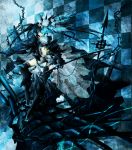  black_rock_shooter black_rock_shooter_(character) blue_eyes chain checkered gene gene_(pixiv) glowing glowing_eyes highres long_hair navel scar shorts solo sword thighhighs twintails very_long_hair weapon 