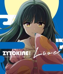  1girl album_cover album_name black_hair blue_background blue_nails bow bowtie circle_name collared_shirt commentary_request cover egasumi frilled_shirt_collar frills full_moon grin highres houraisan_kaguya kabayaki_unagi long_hair long_sleeves looking_at_viewer moon pink_shirt red_eyes second-party_source shirt sleeves_past_fingers sleeves_past_wrists smile solo touhou upper_body white_bow white_bowtie wide_sleeves zytokine 