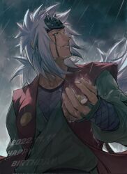  1boy commentary facial_mark flak_jacket forehead_protector green_haori haori highres jacket japanese_clothes jiraiya_(naruto) long_hair male_focus mine00451 naruto_(series) solo spiky_hair whisker_markings white_hair 