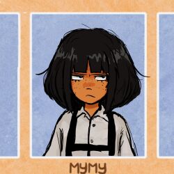  01soru 1girl aged_down annoyed averting_eyes black_eyes black_hair blue_background blunt_bangs blush bob_cut border brown_border character_name chest_strap close-up closed_mouth collared_shirt commentary dark-skinned_female dark_skin dress_shirt embarrassed eyelashes freckles frown furrowed_brow highres looking_to_the_side loose_hair_strand messy_hair mymy_schoppenboer narrowed_eyes no_hair_dye nose_blush official_alternate_eye_color official_alternate_hair_color ongezellig photo_(object) portrait shirt short_hair sketch solo spanish_commentary straight-on suspenders unamused upper_body white_border white_shirt yearbook 