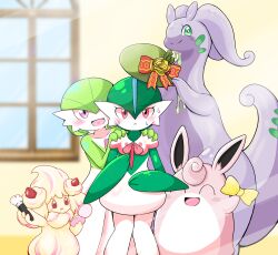  1boy 2girls :< ^_^ alcremie alcremie_(strawberry_sweet) alcremie_(vanilla_cream) arm_up beret blonde_hair blue_hair blurry blurry_background blush_stickers bob_cut bow bright_pupils capelet closed_eyes closed_mouth collarbone colored_skin commentary_request compact_(cosmetics) cosmetics cosplay crossdressing crossdressing_(mtf) dressing_another flower food-themed_hair_ornament full_body gallade gardevoir gardevoir_(cosplay) gardevoir_(fashionable) goodra goodra_(cosplay) goodra_(holiday) green_eyes green_hair green_hat green_skin hair_between_eyes hair_ornament hand_up hands_on_another's_shoulders hands_up happy hat hat_bow hat_flower heart heart_in_mouth highres holding holding_bow_(ornament) holding_brush holding_compact holding_makeup_brush indoors kanimiso_na_double knees_together_feet_apart light_blush looking_at_viewer makeover makeup_brush mohawk multicolored_hair multicolored_skin multiple_girls open_mouth outstretched_arm pink_eyes pink_hair pink_streaks pink_trim pokemon pokemon_(creature) pokemon_unite red_bow red_eyes rose short_hair slime_(substance) smile standing straight-on strawberry_hair_ornament streaked_hair sweat two-tone_hair two-tone_skin white_capelet white_pupils white_skin wigglytuff yellow_bow yellow_flower yellow_rose yellow_skin 