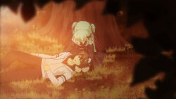  1boy 1girl anime_coloring arichi_masaomi bare_shoulders black_pants black_skirt blue_kimono blurry brown_eyes brown_hair butterfly_hair_ornament chinese_commentary commentary_request criss-cross_halter dappled_sunlight depth_of_field feet_out_of_frame full_body grass green_hair grey_hoodie hair_between_eyes hair_ornament hair_over_eyes hair_ribbon halterneck headpat highres hood hood_down hoodie japanese_clothes kimono lap_pillow leaf leaning_forward long_hair long_ribbon long_sleeves looking_at_viewer lying murasame_(senren) on_back on_ground open_mouth outdoors pants pleated_skirt pom_pom_(clothes) red_ribbon red_sash ribbon sash senren_banka short_hair sidelocks sitting skirt smile straight_hair sunlight sunset tree tsurime two_side_up user_rntw2735 very_long_hair wide_sleeves 