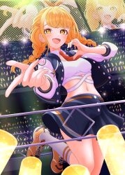  1girl absurdres black_skirt blonde_hair braid breasts campus_mode!!_(idolmaster) commentary_request fang fingernails fujita_kotone gakuen_idolmaster glowstick half-heart_hands highres idolmaster jacket jumping letterman_jacket long_hair looking_at_viewer navel necktie orange_shoes raby_vivid red_necktie shoes skin_fang skirt small_breasts sneakers socks solo stomach twin_braids white_socks yellow_eyes 