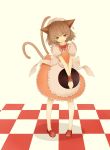  animal_ears apron brown_eyes cat_ears cat_tail chen earrings highres jewelry momokan multiple_tails nekomimi red_eyes short_hair solo tail touhou waitress 