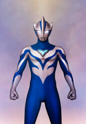  1boy alien blue_eyes blue_skin clenched_hands cloud_background clouds color_timer colored_skin commentary compound_eyes cowboy_shot dorsal_fin giant giant_male glowing glowing_eyes highres katou_yuu legs_apart looking_at_viewer male_focus multicolored_skin no_pupils pectorals pointy_ears silver_skin solo standing straight-on tokusatsu toned toned_male two-tone_skin ultra_series ultraman_teo ultraman_teo_(series) 