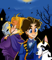  2boys bat_(animal) birthmark blonde_hair blue_bow blue_bowtie blue_eyes blue_jacket blue_sweater_vest book_cover_redraw bow bowtie brown_hair commentary commentary_request dahhu100 danny_(jojo) derivative_work dio_brando dog ear_birthmark highres holding holding_knife holding_mask jacket jojo_no_kimyou_na_bouken jonathan_joestar knife male_focus mask moon multiple_boys night official_alternate_costume phantom_blood purple_jacket purple_scarf scarf shirt smile stone_mask_(jojo) sweater sweater_vest tongue tongue_out tree white_shirt yellow_eyes 