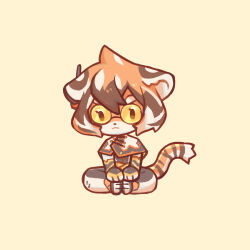  1girl animal_ears arknights chibi chibi_only closed_mouth full_body furry furry_female highres one-hour_drawing_challenge sharktuna short_hair sitting solo tail tiger_ears tiger_girl tiger_tail tinted_eyewear waai_fu_(arknights) yellow-tinted_eyewear 
