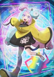  1girl :d asukamama89 boots bow-shaped_hair breasts character_hair_ornament criss-cross_halter grey_boots grey_shirt hair_ornament halter_shirt halterneck happy highres iono_(pokemon) jacket long_hair medium_breasts multicolored_hair open_mouth pantyhose pantyhose_under_shorts pink_hair pokemon pokemon_scarlet_and_violet revision sharp_teeth shirt shorts single_leg_pantyhose smile solo teeth thigh_strap tongue two-tone_hair upper_teeth_only yellow_jacket 
