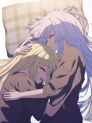  2girls absurdres ahoge black_shirt blonde_hair cho_kaguya-hime! closed_eyes commentary_request facing_another hand_on_another's_head happy highres hug kaguya_(cho_kaguya-hime!) long_hair lying multiple_girls on_side open_mouth pillow runami_yachiyo shirt short_sleeves sidelocks simple_background smile straight_hair thereaakari white_background 