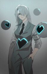  1girl 779_nnk armband breasts closed_mouth collared_shirt curtained_hair e.g.o_(project_moon) employee_(project_moon) feet_out_of_frame floating floating_object grey_armband grey_background grey_eyes grey_hair grey_jacket grey_pants grey_shirt grey_suit grey_theme grey_vest hair_over_one_eye hand_in_pocket heart heart_print highres holding holding_unworn_clothes holding_unworn_jacket jacket jacket_on_arm lapels lobotomy_corporation looking_to_the_side medium_breasts medium_hair neon_trim nugget_(project_moon) one_eye_covered orb pant_suit pants parted_bangs print_vest project_moon shirt sleeves_rolled_up solo sound_of_a_star_(e.g.o) standing suit unworn_jacket vest waistcoat 