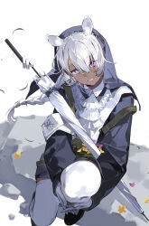  1girl animal_ear_fluff animal_ears arknights armband ascot belt blue_dress braid camel_ears chinese_commentary commentary_request dark-skinned_female dark_skin dress eyes_visible_through_hair from_above full_body highres holding holding_umbrella hooded_dress hugging_own_legs ierotak long_hair looking_at_viewer looking_up on_rock simple_background sitting smile solo thigh-highs tuye_(arknights) tuye_(cultivate_vegetation)_(arknights) umbrella violet_eyes white_armband white_ascot white_background white_hair white_thighhighs white_umbrella 