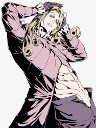  01doubled 1boy abs argyle_clothes argyle_gloves argyle_sweater blonde_hair coat curly_hair funny_valentine highres jojo_no_kimyou_na_bouken long_hair male_focus muscular muscular_male pink_coat pink_suit solo steel_ball_run suit sweater topless_male very_long_hair 
