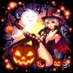  candy cape food_as_clothes gloves halloween hat highres jack-o&#039;-lantern jack-o'-lantern kayu licking lollipop long_hair original pumpkin red_eyes shaped_lollipop solo thigh-highs thighhighs twintails witch 
