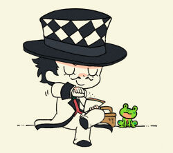  1boy absurdres argyle_clothes argyle_hat basket black_hair black_hat black_shoes bow chibi chibi_only closed_eyes closed_mouth coat commentary commentary_request crossed_legs facial_hair food frog full_body green_bow handkerchief hat highres holding holding_paper jojo_no_kimyou_na_bouken long_sleeves m_a_a_m_8 male_focus mustache pants paper phantom_blood picnic_basket red_shirt red_vest sandwich shirt shoes short_hair simple_background sitting smile solo top_hat u_u vest white_coat white_hat white_pants will_anthonio_zeppeli 