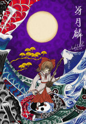  arikosuki artist_name bow character_name closed_mouth commentary dated detached_sleeves erhu hair_bow highres holding holding_instrument instrument koinobori medium_hair mountain neck_ribbon nihonga ocean orange_hair parody red_bow red_eyes red_ribbon red_sandals red_skirt ribbon sandals satsuki_rin shirt signature skirt socks standing style_parody touhou translated ukiyo-e waves white_shirt white_sleeves white_socks windsock yin_yang 