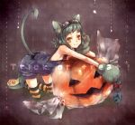  animal_ears cat_ears cat_paws cat_tail face fish gloves goggles green_hair halloween hand_on_own_face jack-o'-lantern nekomimi original overalls paw_gloves paws pumpkin short_hair solo striped striped_legwear tail thigh-highs thighhighs yellow_eyes 