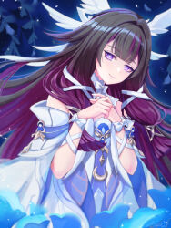  1girl aomo black_hair bow choker closed_mouth collarbone columbina_(genshin_impact) commentary_request dress feathered_wings genshin_impact hair_ribbon hands_on_own_chest highres long_hair long_sidelocks looking_at_viewer multiple_wings pink_eyes pink_hair portrait ribbon sidelocks smile solo upper_body very_long_hair white_bow white_choker white_dress white_ribbon white_wings wings 