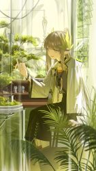  1girl absurdres arknights black_choker black_skirt bonsai brown_eyes brown_hair chair choker coat elf green_shirt hair_ornament head_wreath highres indoors infection_monitor_(arknights) leaf long_hair mi_si_jing mole mole_under_eye muelsyse_(arknights) open_clothes open_coat open_mouth plant pointy_ears potted_plant shirt sitting skirt smile solo tree white_coat window 
