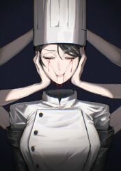  1girl absurdres black_gloves black_hair blood blood_drip blood_from_eyes blood_from_mouth blood_on_face breasts chainsaw_man chef chef_hat closed_eyes closed_mouth commentary_request elbow_gloves extra_arms falling_devil_(chainsaw_man) flat_top_chef_hat gloves gradient_background hands_on_own_cheeks hands_on_own_face hat highres holding holding_detached_head large_breasts nosebleed sakuranuts00 severed_head solo squeezing_cheeks 