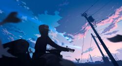  1girl absurdres bird black_hair black_jacket blue_sky clouds cloudy_sky commentary_request dawn facing_ahead from_behind fur_hat gradient_sky hat hermes_(kino_no_tabi) highres jacket kino_(kino_no_tabi) kino_no_tabi long_sleeves motor_vehicle motorcycle on_motorcycle outdoors pink_sky power_lines riding shooting_star short_hair sky utility_pole ydpfa 